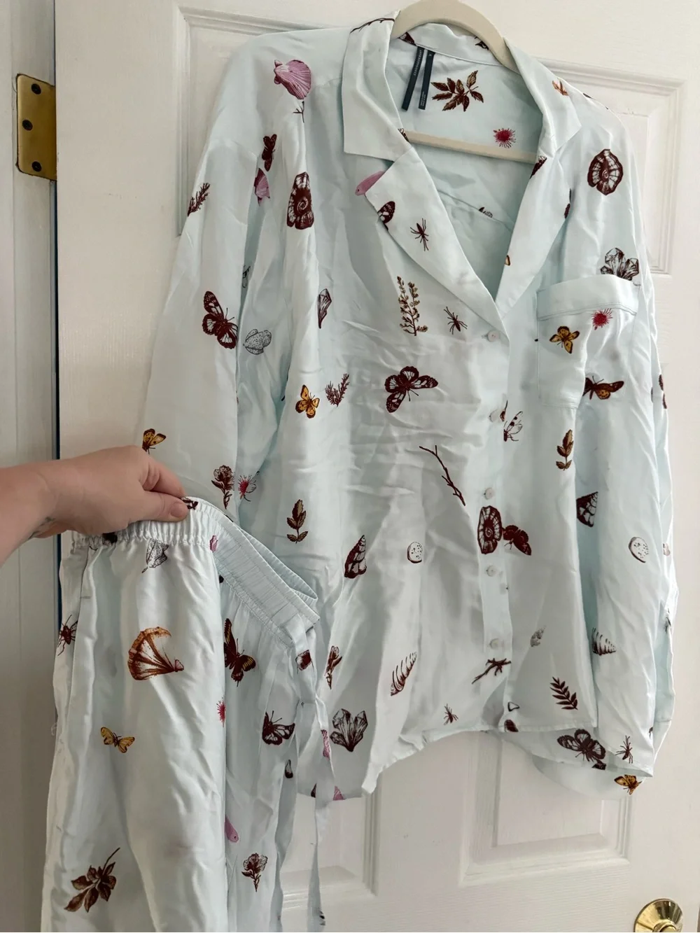 Anthropologie Pastel Blue Butterfly, Floral, Shell Print Silky Pajama Set